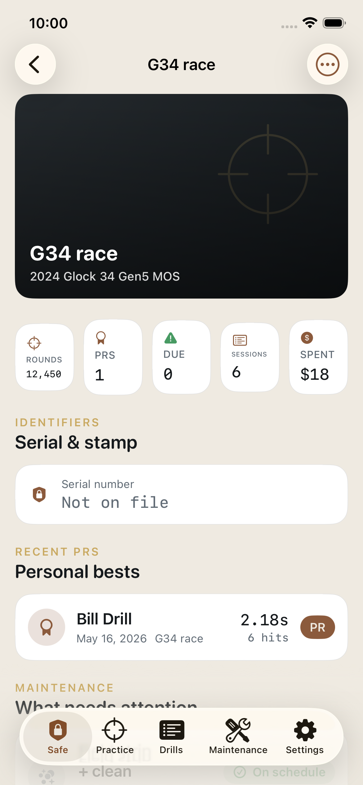 A firearm's detail screen with round count, personal bests, and encrypted serial