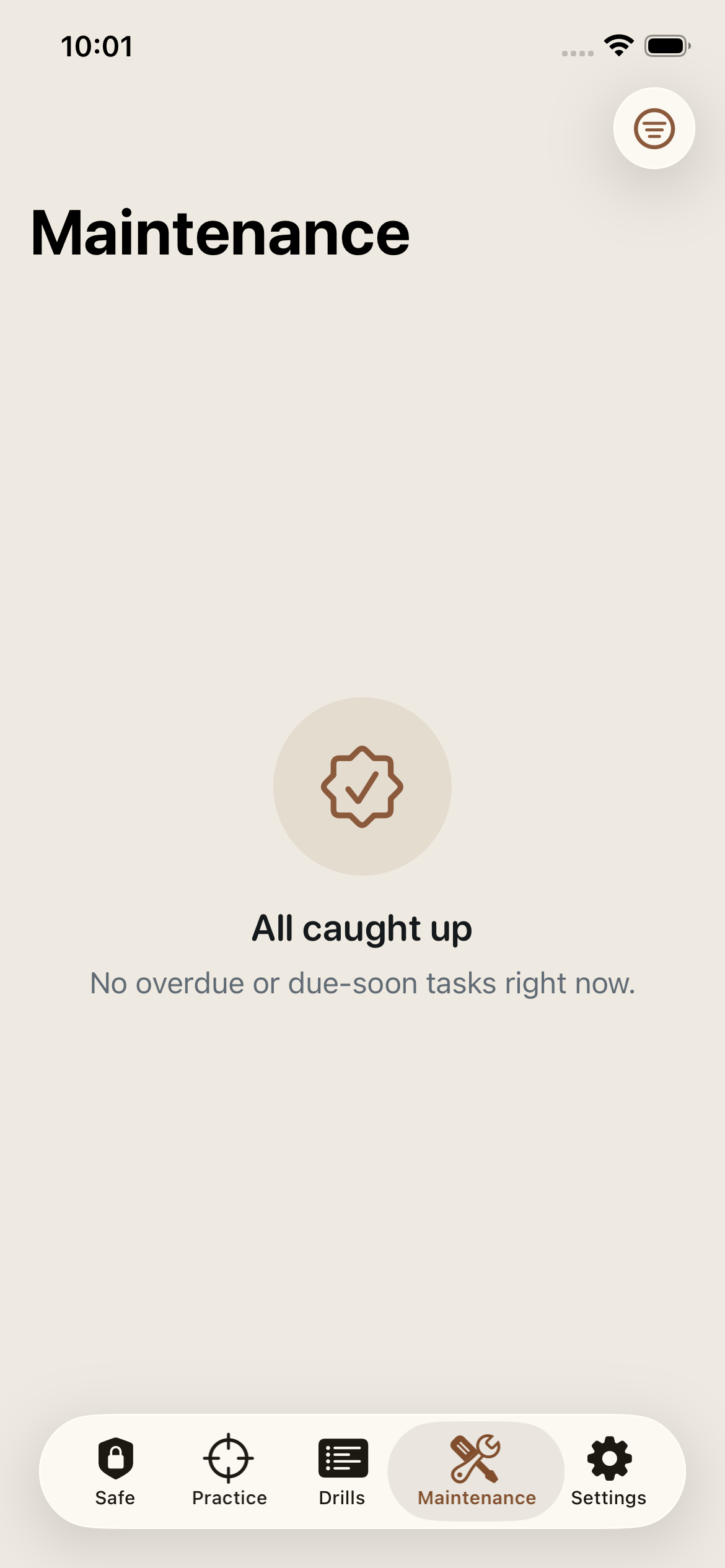 The Maintenance tab, showing nothing overdue